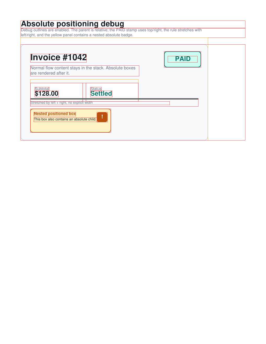 Absolute positioning debug example with top-right stamp and nested overlay