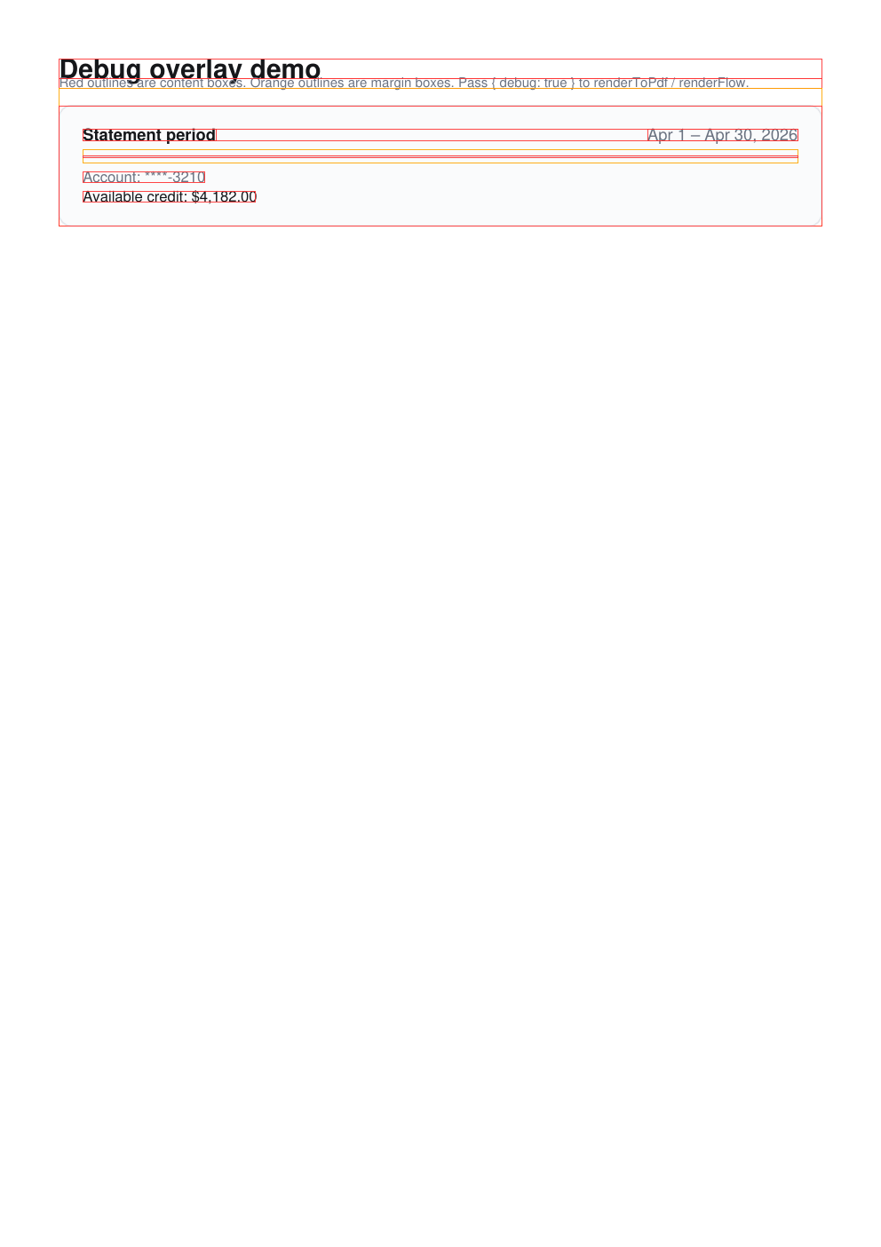 Debug overlay with red content boxes and orange margin boxes
