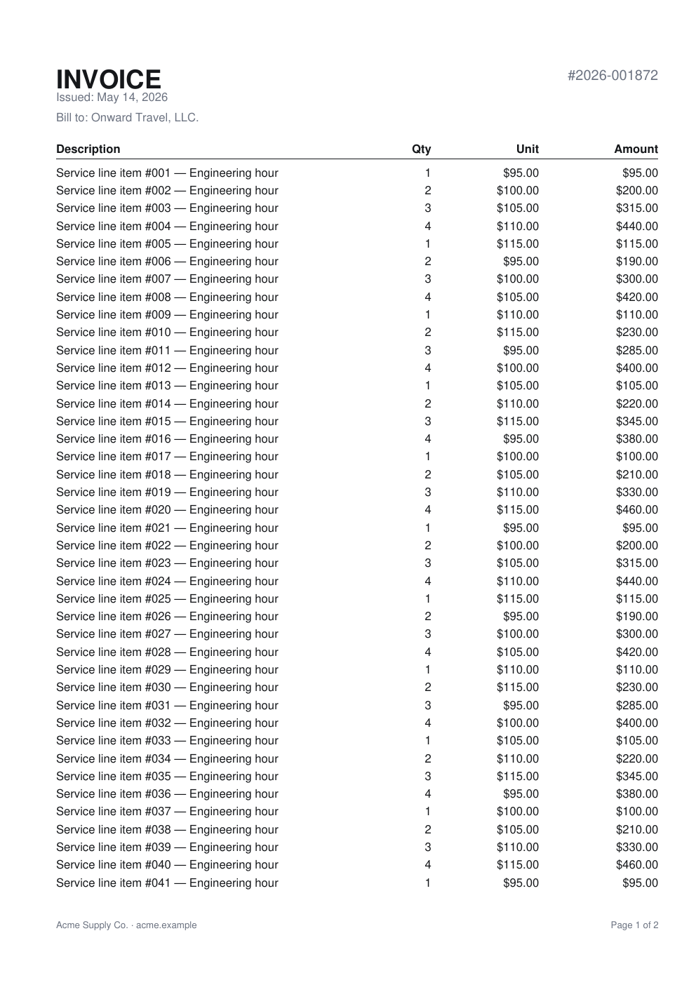 Multi-page invoice with page headers and footers