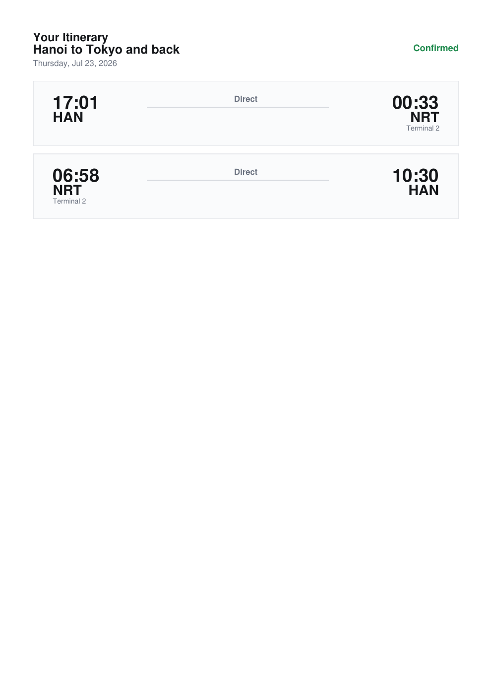 Travel itinerary with two flight bands